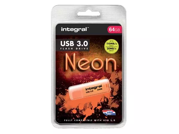 Een USB-stick 3.0 Integral 64GB neon oranje koop je bij NiceSupplies.nl