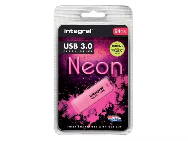 Een USB-STICK INTEGRAL 64GB 3.0 NEON ROZE koop je bij Kantoorvakhandel van der Heijde