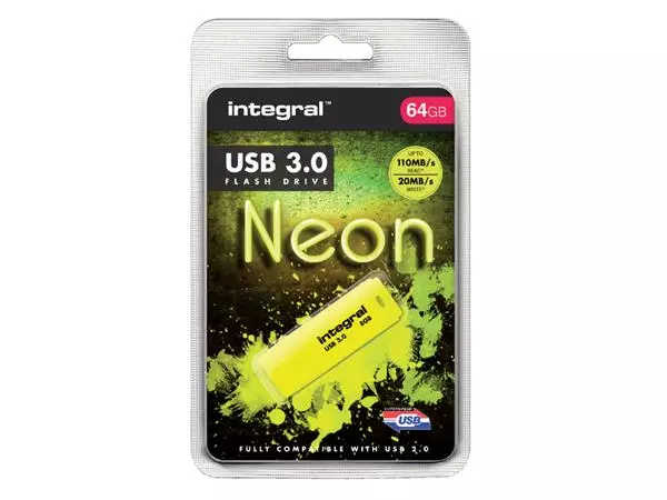 Een USB-STICK INTEGRAL 64GB 3.0 NEON GEEL koop je bij Kantoorvakhandel van der Heijde