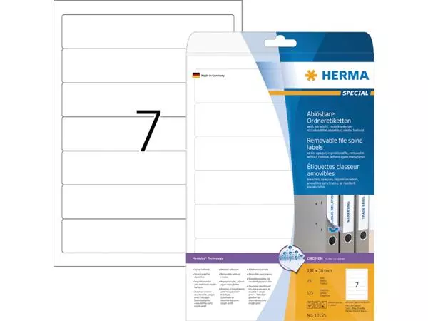 Een Rugetiket HERMA 10155 smal 38x192mm verwijderbaar wit koop je bij EconOffice