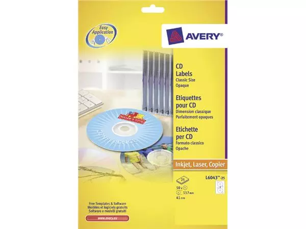 Een Etiket Avery L6043-25 CD wit 50 stuks koop je bij KantoorProfi België BV