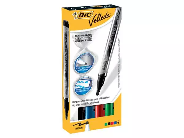 Een Viltstift Bic Velleda liquid whiteboard rond medium assorti doos à 4 stuks koop je bij NiceSupplies.nl