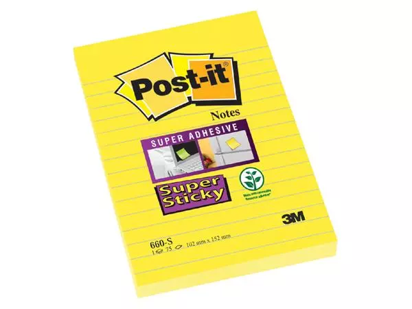 Een Memoblok Post-it 660 Super Sticky 102x152 geel met lijn 75 vel koop je bij Buro De Peuter