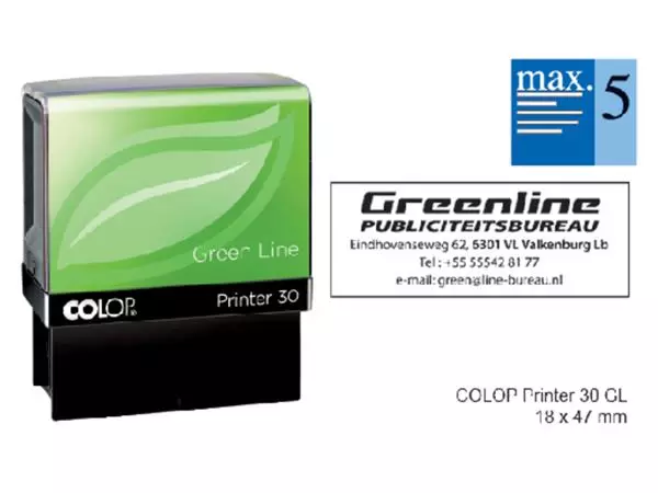 Een Tekststempel Colop 30 green line personaliseerbaar 5regels 47x18mm koop je bij KantoorProfi België BV