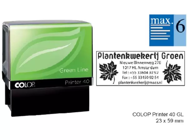 Een Tekststempel Colop 40 green line personaliseerbaar 6regels 59x23mm koop je bij Goedkope Kantoorbenodigdheden