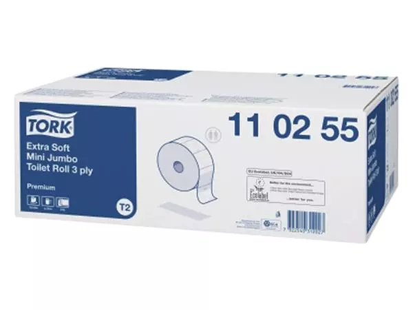 Een Toiletpapier Tork Mini jumbo T2 premium 3-laags 12x120mtr wit 110255 koop je bij Kantoorvakhandel van der Heijde