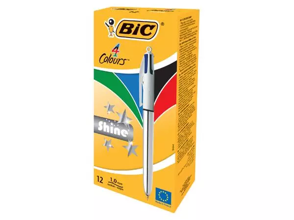 Een Balpen Bic 4kleuren shine medium zilver koop je bij Kantoorvakhandel van der Heijde