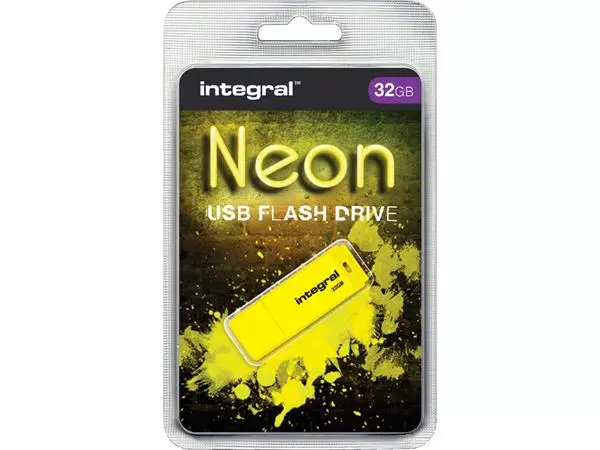 Een USB-stick 2.0 Integral 32GB neon geel koop je bij NiceSupplies.nl