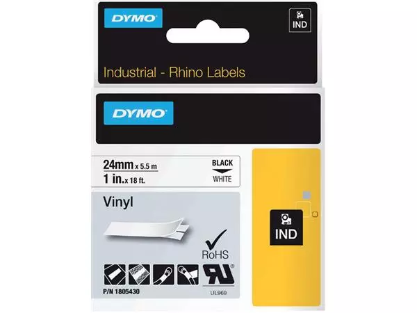 Een Labeltape Dymo Rhino industrieel vinyl 24mm zwart op wit koop je bij Omnia 4 Office