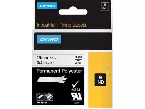 Een Labeltape Dymo Rhino industrieel polyester 19mm zwart op wit koop je bij Van Hoye Kantoor BV