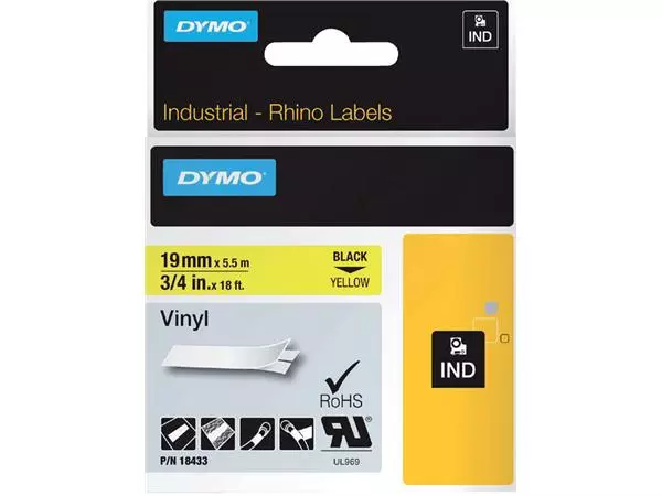 Een Labeltape Dymo Rhino industrieel vinyl 19mm zwart op geel koop je bij NiceSupplies.nl