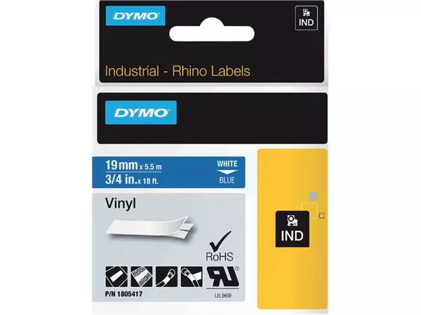 Een Labeltape Dymo Rhino industrieel vinyl 19mm wit op blauw koop je bij NiceSupplies.nl