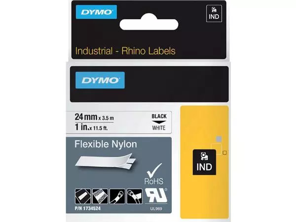 Een Labeltape Dymo Rhino industrieel nylon 24mm zwart op wit koop je bij MV Kantoortechniek B.V.