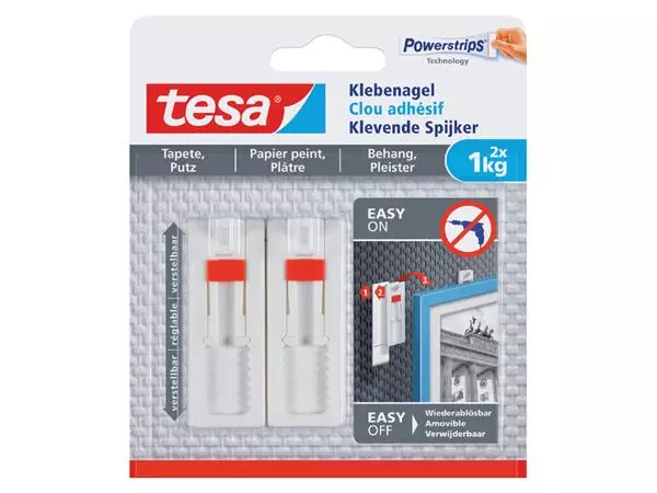 Een Klevende spijker tesa® behang en pleisterwerk 1kg verstelbaar wit 2 stuks koop je bij NiceSupplies.nl