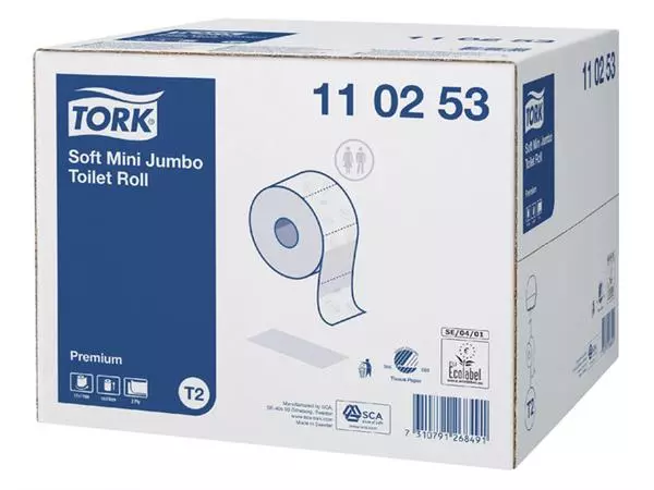 Een Toiletpapier Tork Mini Jumbo T2 premium 2-laags 170mtr wit 110253 koop je bij NiceSupplies.nl