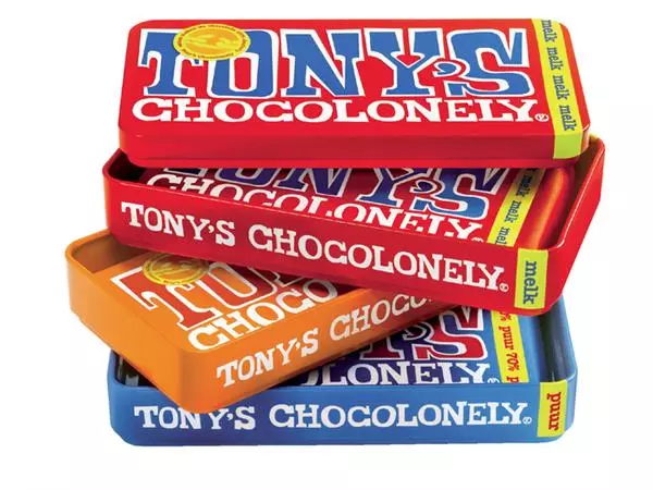 Een Chocolade Tony's Chocolonely puur-melk en karamel zeezout blik 540gr koop je bij NiceSupplies.nl