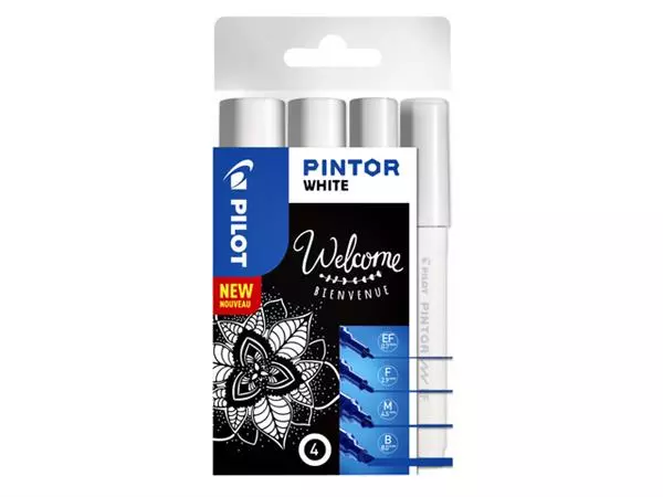 Verfstift Pilot Pintor assorti breedtes wit etui à 4 stuks