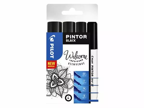 Verfstift Pilot Pintor assorti breedtes zwart etui à 4 stuks