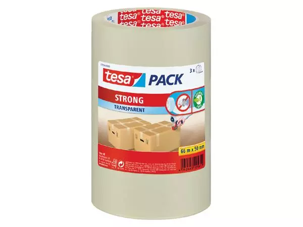 Verpakkingstape tesapack® Strong 66mx50mm PP transparant 3 rollen