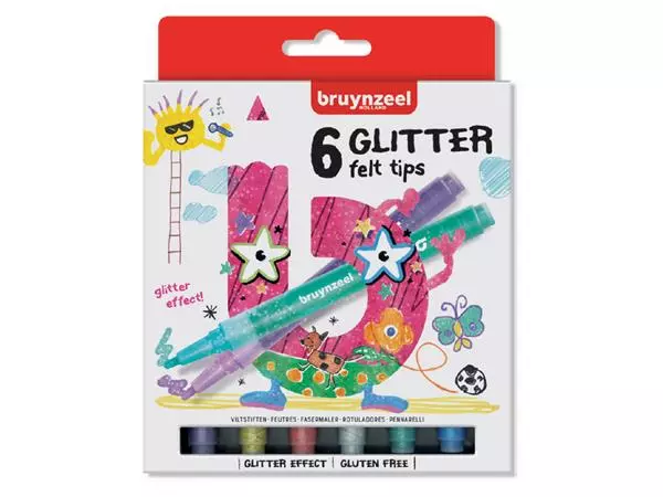 Een Viltstift Bruynzeel Kids glitter blister à 6 stuks assorti koop je bij Goedkope Kantoorbenodigdheden