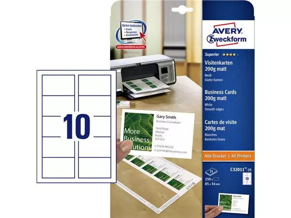 Een Visitekaart Avery Zweckform C32011-25 85x54mm 200gr 250stuks koop je bij Van Leeuwen Boeken- en kantoorartikelen