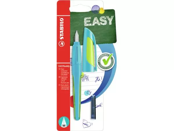 Een Vulpen StABILO Easybuddy rechshandig medium blauw/limoen blister à 1 stuk koop je bij Goedkope Kantoorbenodigdheden