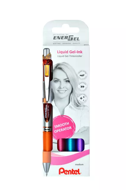 Een Gelschrijver Pentel BL77 Energel medium oranje-roze-lichtblauw-violet blister à 4 stuks koop je bij EconOffice
