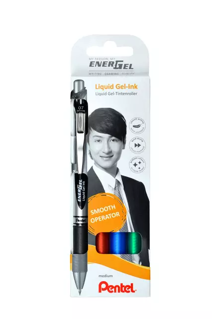Een Gelschrijver Pentel BL77 Energel medium zwart-rood-blauw-groen blister à 4 stuks koop je bij EconOffice