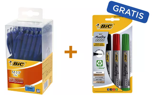 Een Balpen Bic M10 clic medium blauw valuepack à 50 stuks incl 4 st viltstiften koop je bij EconOffice