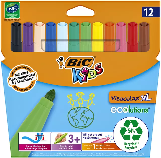 Een Kleurstift BicKids Visacolor XL Ecolutions assorti etui á 12 stuks koop je bij Totaal Kantoor Goeree