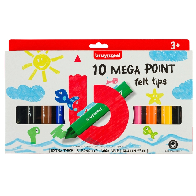 Een Viltstift Bruynzeel Kids Mega Point set à 10 kleuren koop je bij BUROPORT BV