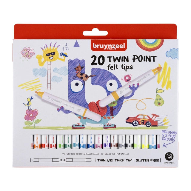 Een Viltstift Bruynzeel Kids Twin Point set à 20 kleuren koop je bij BUROPORT BV