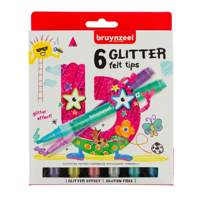 Een Viltstift Bruynzeel Kids Glitter set à 6 kleuren koop je bij BUROPORT BV