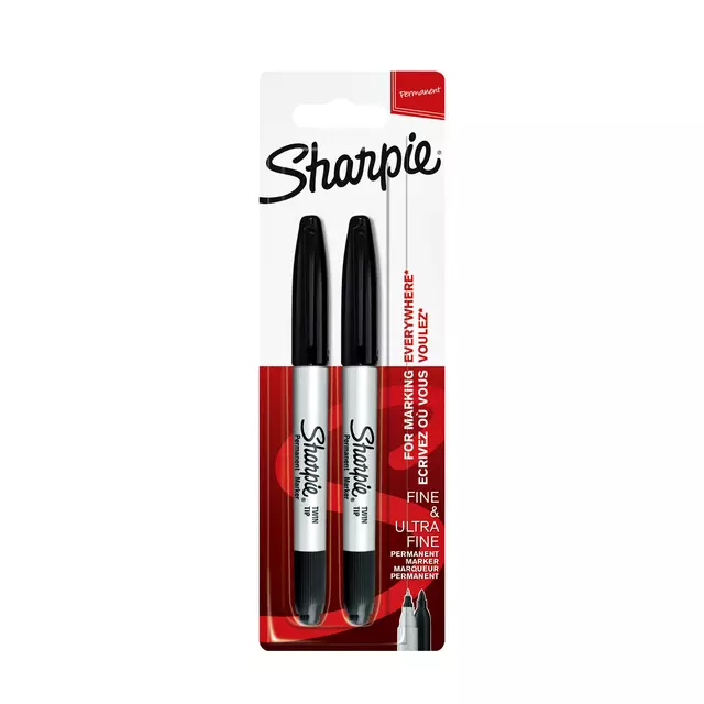 Een Viltstift Sharpie rond Twin tip ultra fijn & fijn zwart blister à 2 stuks koop je bij MV Kantoortechniek B.V.