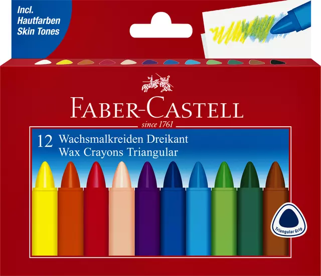 Waskrijt Faber-Castell driehoekig assorti set à 12 stuks