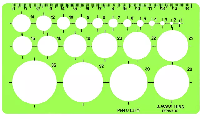 Een Cirkelsjabloon Linex 22 cirkels met inktvoetjes 1-35mm groen koop je bij EconOffice