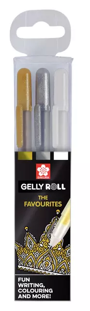 Een Gelpen Sakura Gelly Roll Favourites set 3 kleuren Goud-Zilver-Wit koop je bij KantoorProfi België BV