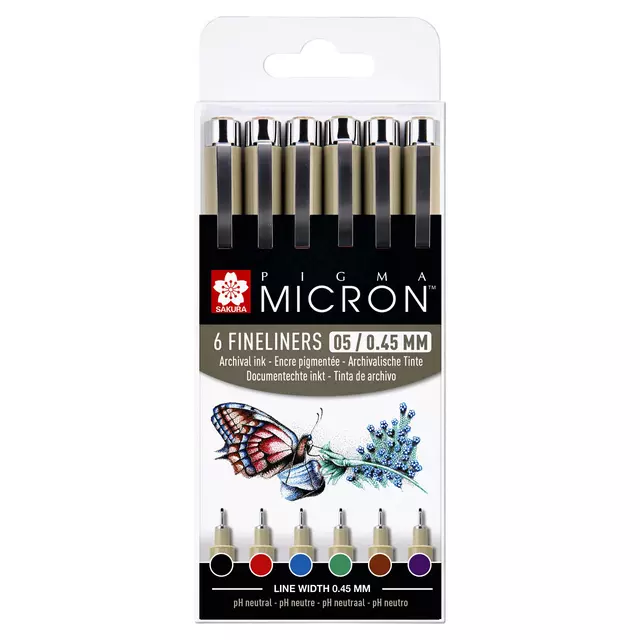 Een Fineliner Sakura Pigma Micron 05 basic set 6 kleuren koop je bij EconOffice
