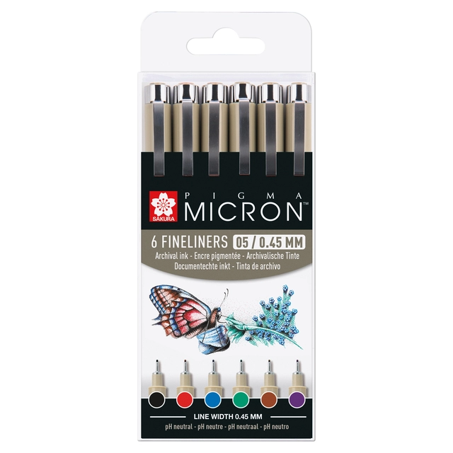 Een Fineliner Sakura Pigma Micron 05 basic set 6 kleuren koop je bij Unimark Office B.V.