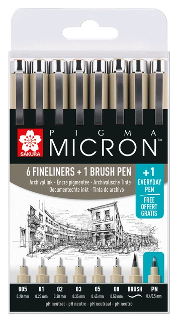 Een Fineliner & brush set Sakura Pigma Micron 7 + 1 Pigma Micron PN gratis koop je bij Unimark Office B.V.