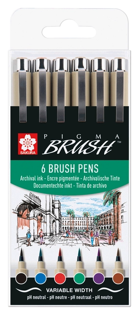 Een Brushpen Sakura Pigma Brush set á 6 stuks zwart koop je bij Totaal Kantoor Goeree