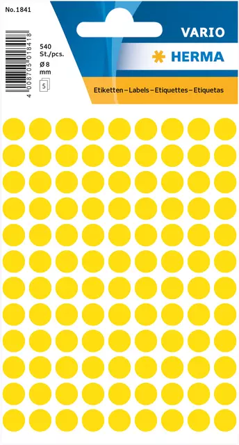 Een Etiket HERMA 1841 rond 8mm geel 540stuks koop je bij EconOffice