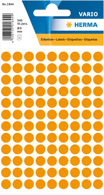 Een Etiket HERMA 1844 rond 8mm fluor oranje 540stuks koop je bij KantoorProfi België BV
