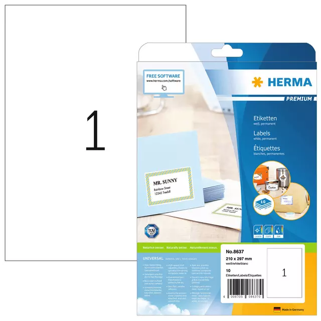 Een Etiket HERMA 8637 210x297mm A4 premium wit 10stuks koop je bij Van Leeuwen Boeken- en kantoorartikelen