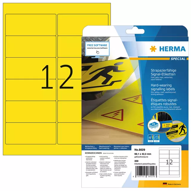 Een Etiket HERMA 8029 99.1x42.3mm weerbestendig geel 300stuks koop je bij KantoorProfi België BV