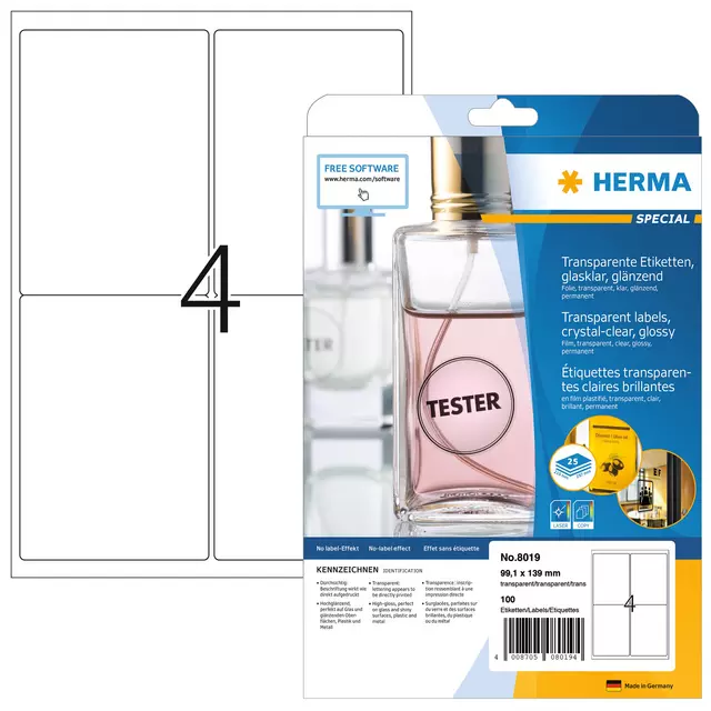 Een Etiket HERMA 8019 99.1x139mm transparant 100stuks koop je bij KantoorProfi België BV