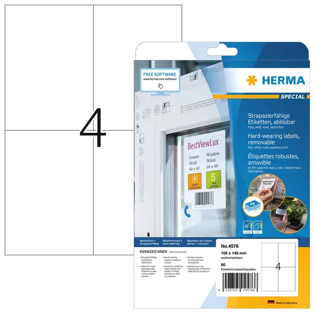 Een Etiket HERMA 4576 105x148mm folie wit 80stuks koop je bij KantoorProfi België BV