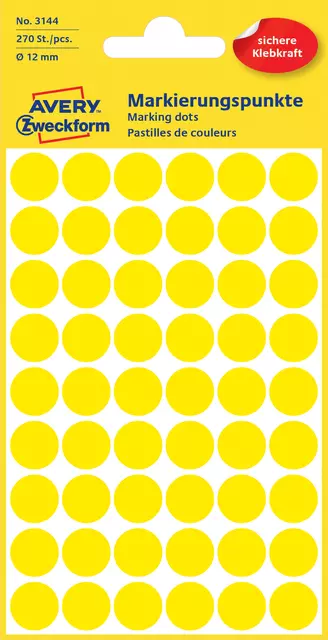 Een Etiket Avery Zweckform 3144 rond 12mm geel 270stuks koop je bij EconOffice