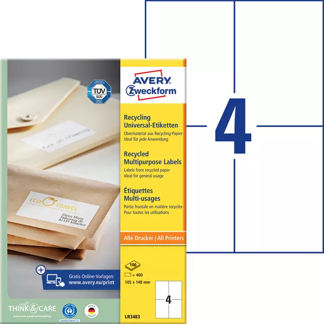 Een Etiket Avery Zweckform LR3483 105x148mm A6 recycled wit 400stuks koop je bij L&N Partners voor Partners B.V.