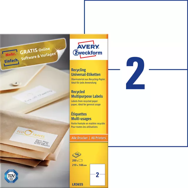 Een Etiket Avery Zweckform LR3655 210x148mm A5 recycled wit 200stuks koop je bij EconOffice